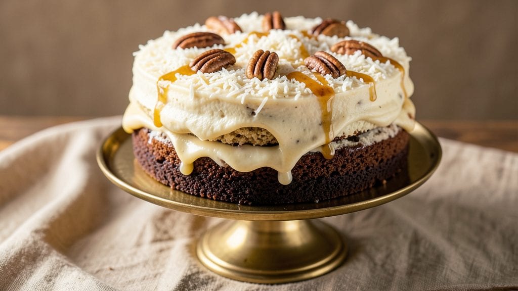 Baker's German Chocolate Cake Coconut Pecan Frosting Recipe: Toasted Nut Crown Over Ultra-Moist Layers