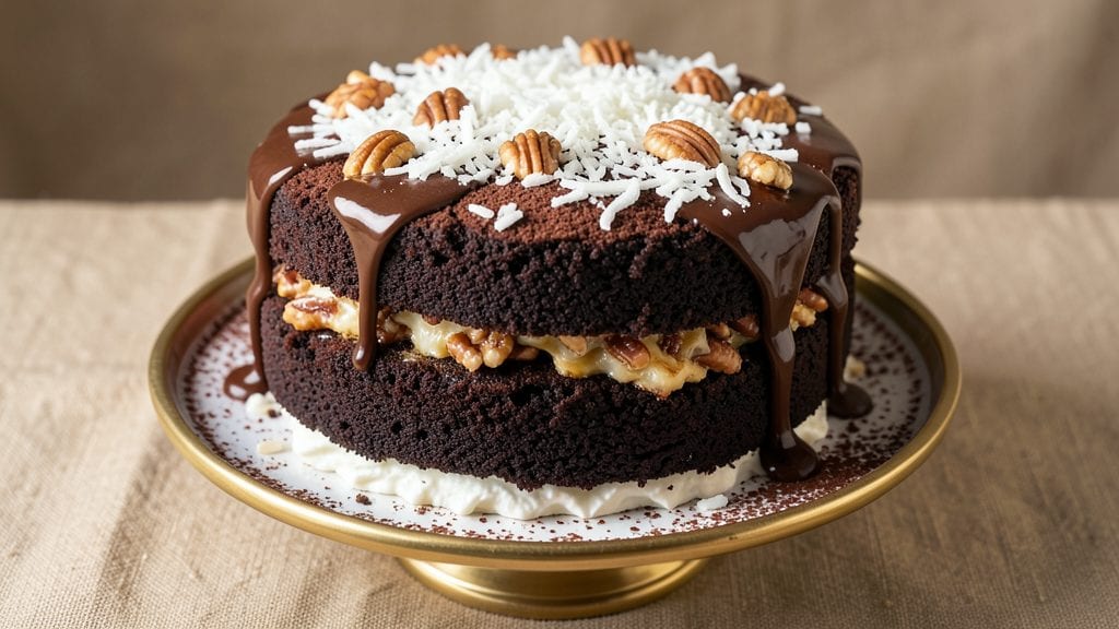 Baker's Unsweetened Chocolate German Chocolate Cake Recipe: Triple-Layered Pecan-Cocoa Crunch